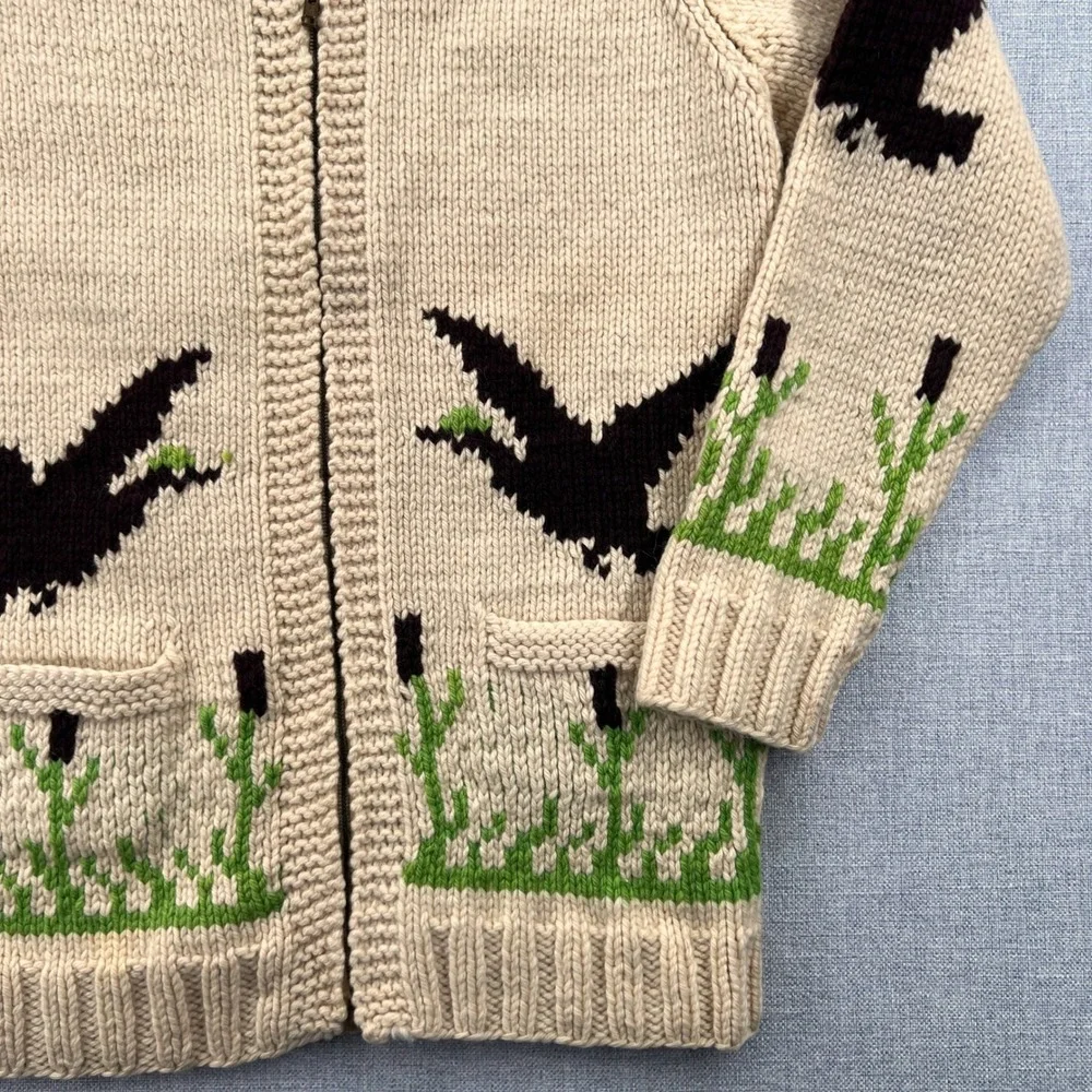 Vintage 60s Mary Maxim Cowichan Duck Hunting Wool Cardigan Men Medium Cream